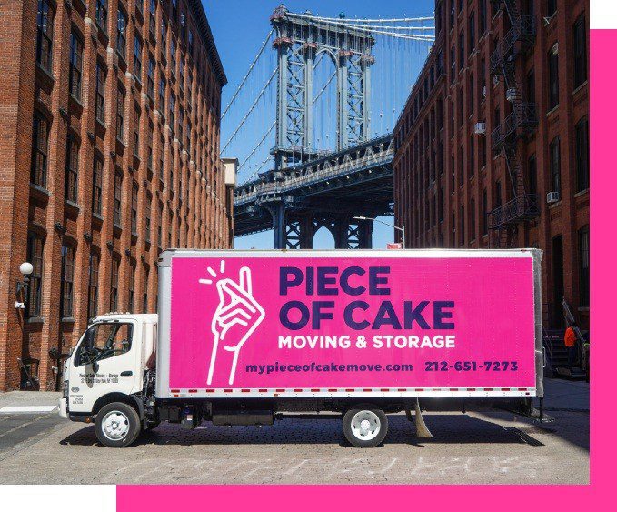 Piece of Cake Moving & Storage - Pink truck, Manhattan Bridge