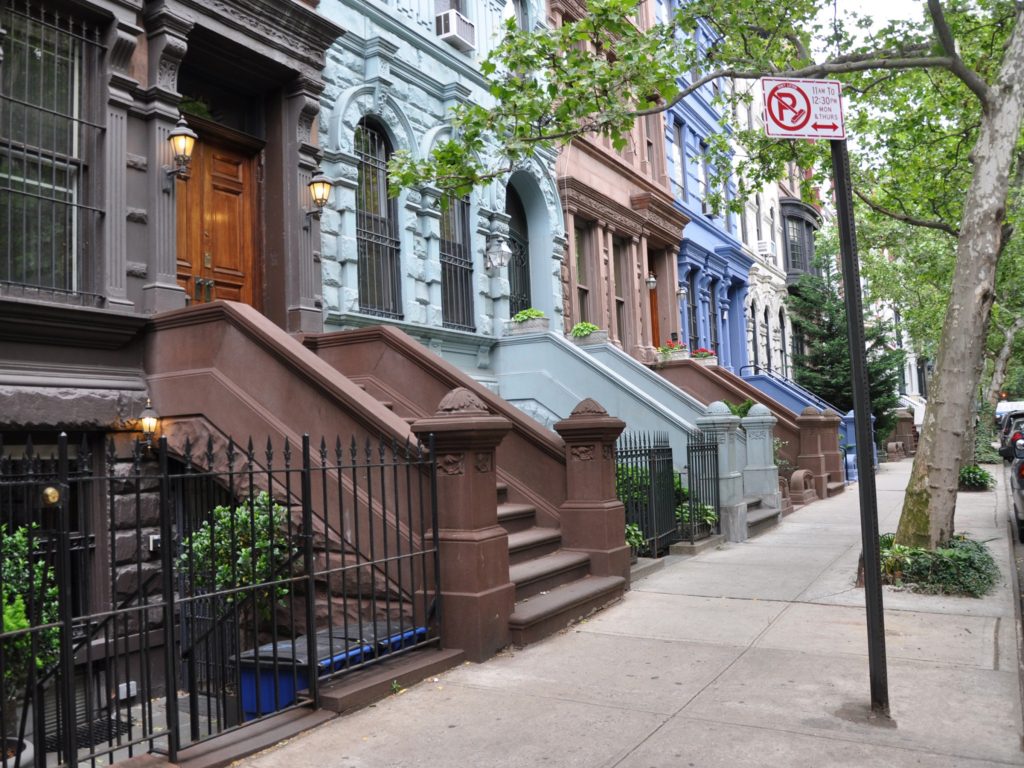 Brownstone,Homes,Tree,Lined,Urban,Street,With,No,Parking,Street