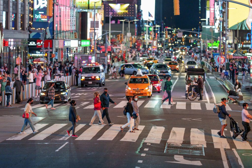 Pedestrian,Crossing,The,Times,Square,At,Night,,View,From,The